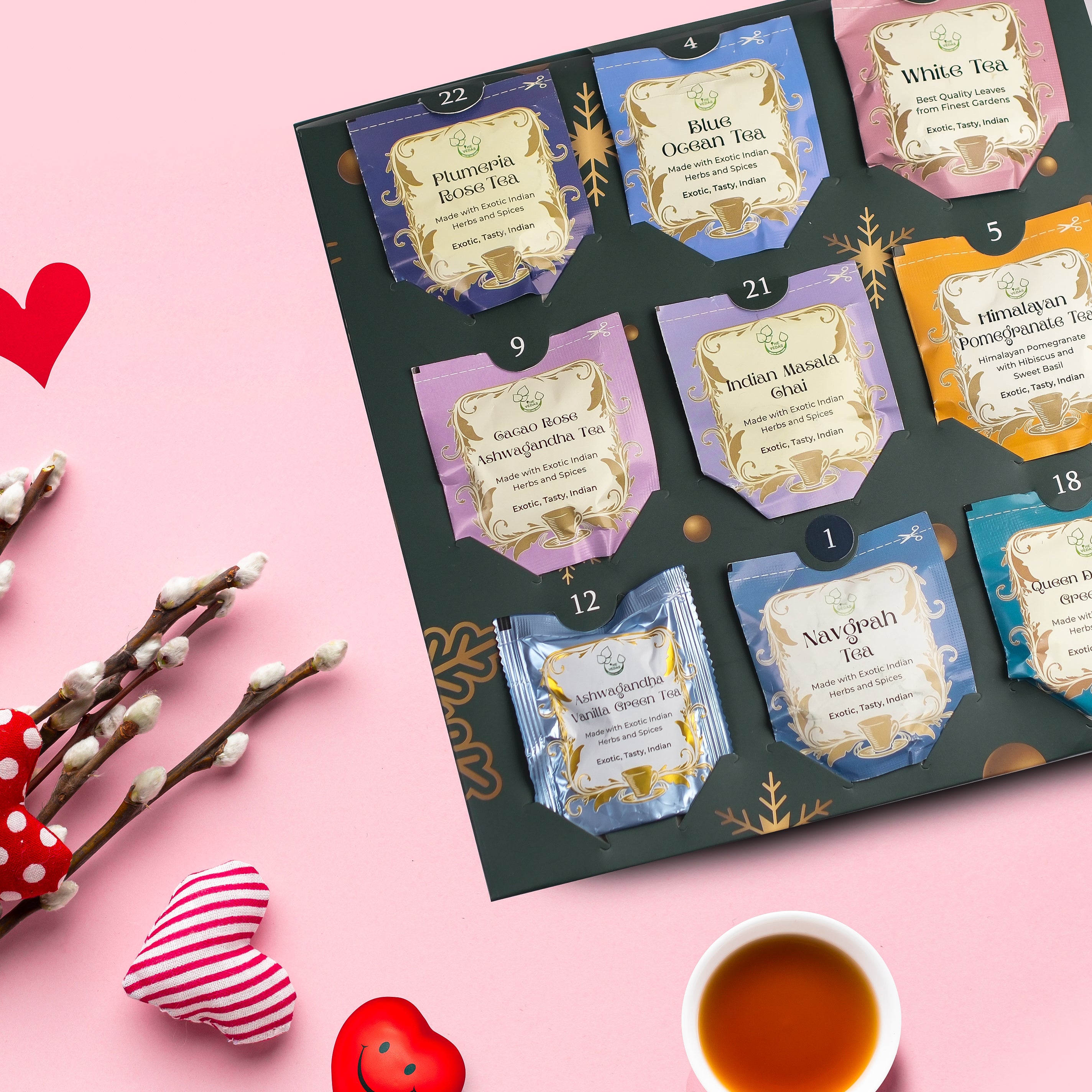 The Vedas Luxury Valentine’s Advent Calendar of Teas – 24 Teas in Handstitched Cotton Teabags