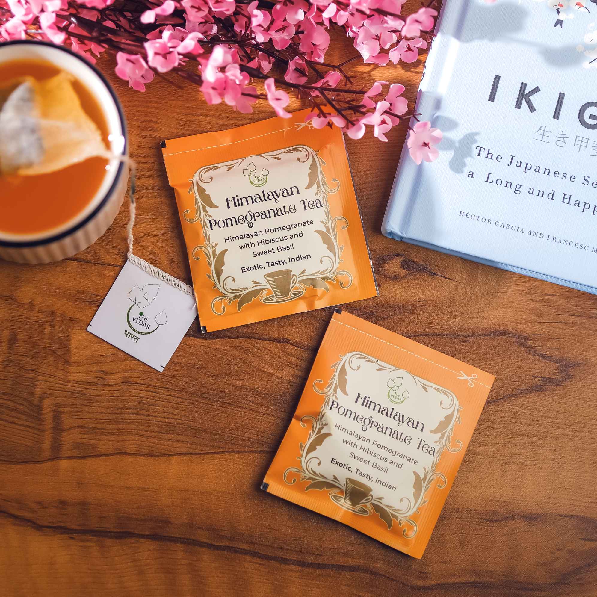 The Vedas Himalayan Pomegranate Tea | Caffeince Free Herbal tea | Made from Himalayan Pomegranate, Hibiscus and Sweet Basil Leaves | 20 Cotton teabags