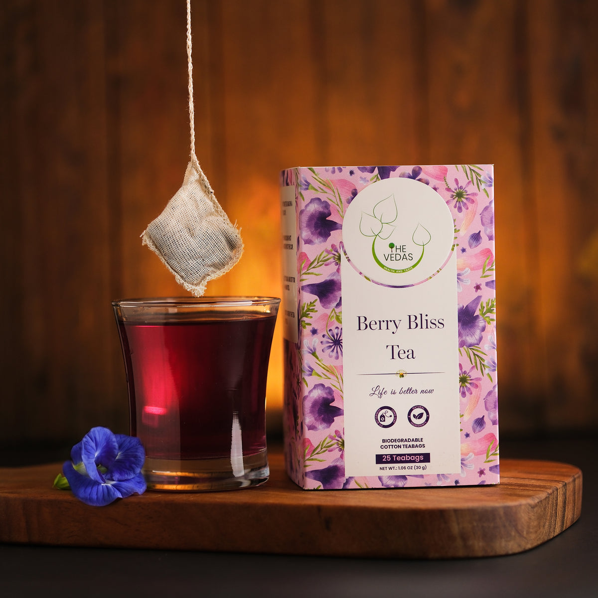 THE VEDAS Berry Bliss Tea | Blueberry Hibiscus Herbal Tea, Caffeine Free, Sweet & Tangy with Antioxidants, Ideal for Hot or Iced Tea | Caffeine free Herbal Tea | Biodegradable Cotton Teabags | 25 Tea Bags(Pack of 1)