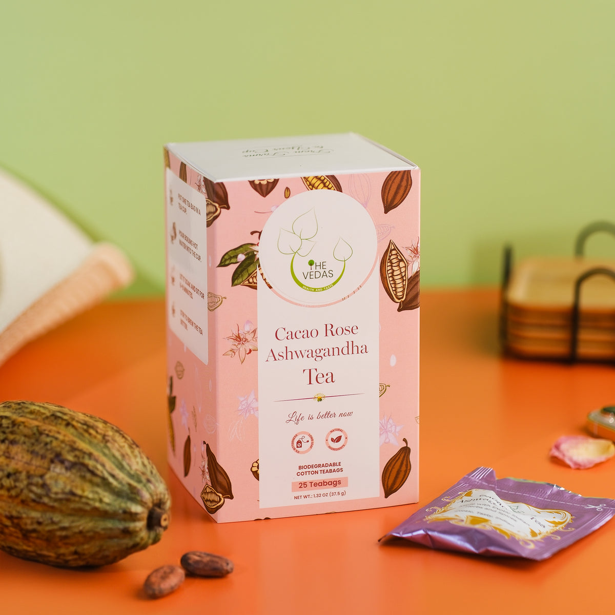 THE VEDAS Cacao Rose Ashwagandha Tea | Caffeine free Herbal Tea | Biodegradable Cotton Teabags | 25 Tea Bags(Pack of 1)