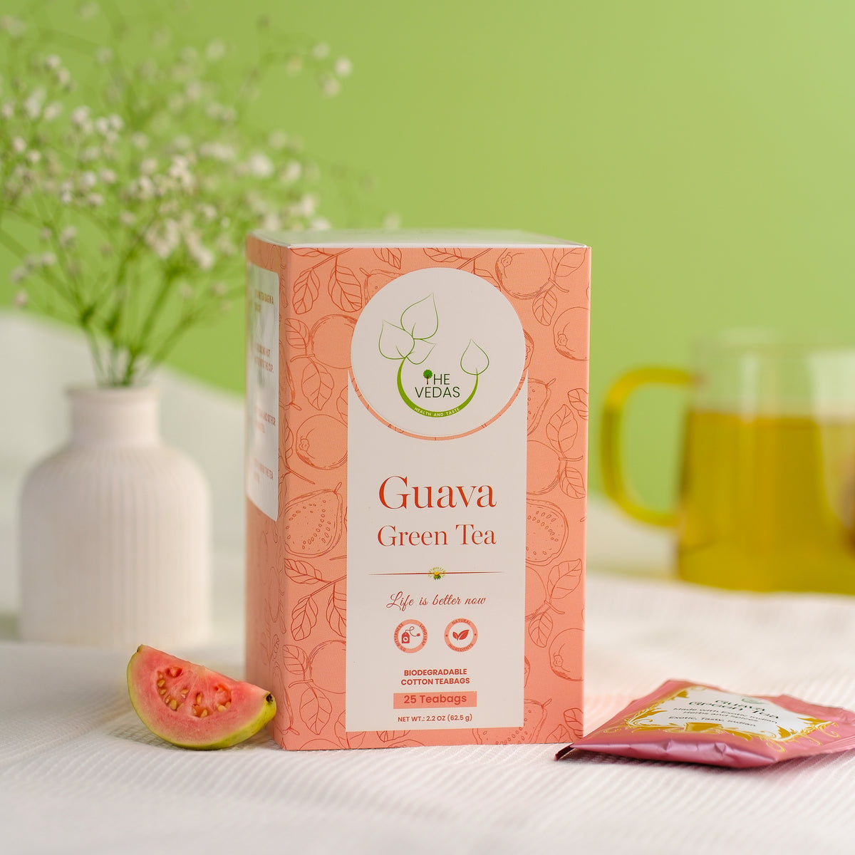 THE VEDAS Guava Green Tea | Herbal Tea made of Guava leaf, Guava fruit and Green Tea | Biodegradable Cotton Teabags | 25 Tea Bags(Pack of 1)