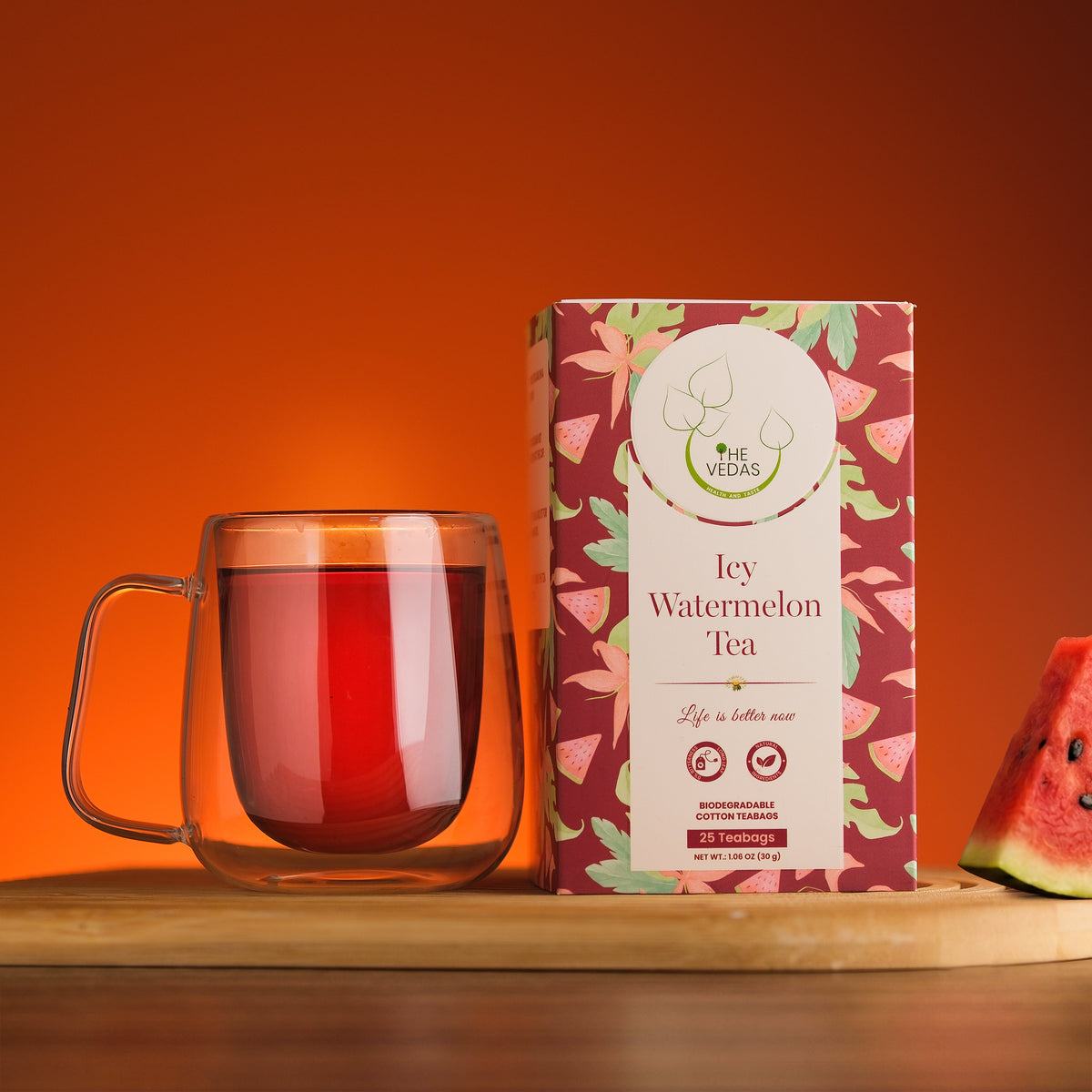 THE VEDAS Icy Watermelon Tea | Herbal Tea with Hibiscus & Sweet Basil - Caffeine Free Herbal Tea - Enjoy Hot or Iced | Biodegradable Cotton Teabags | 25 Tea Bags (Pack of 1)