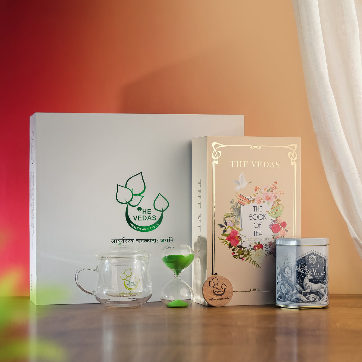 The Vedas Tea Chest Volume 2 | Premium Gift Set containing Glassmug with Infuser and Lid, Premium Black Tea Tin Caddy, Snadclock Timer, Coaster, and The Book of Tea | 100 Cups of teas