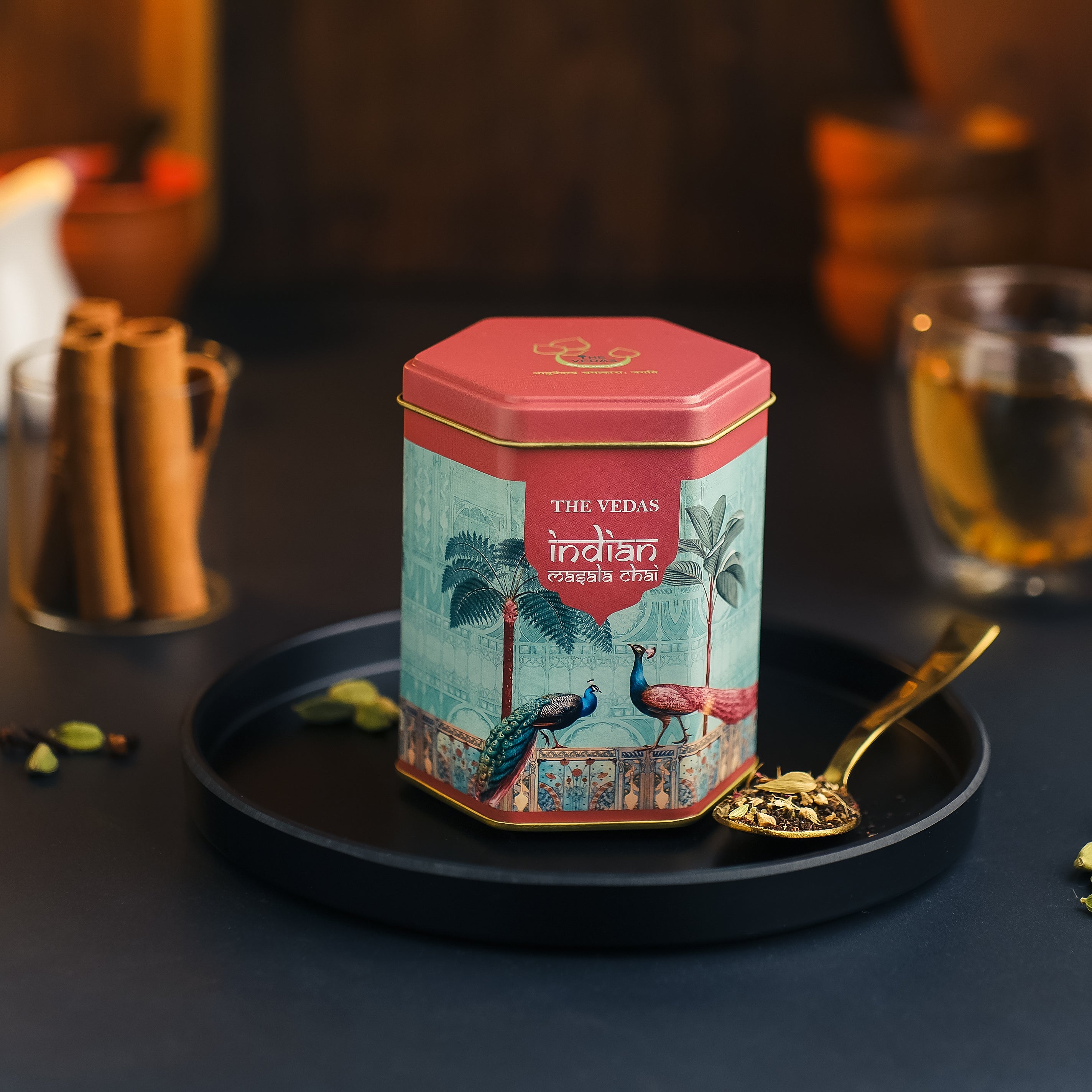 The Vedas Indian Masala Chai Tin caddy  - Blend of Premium Quality Black tea and Indian 8 Spices
