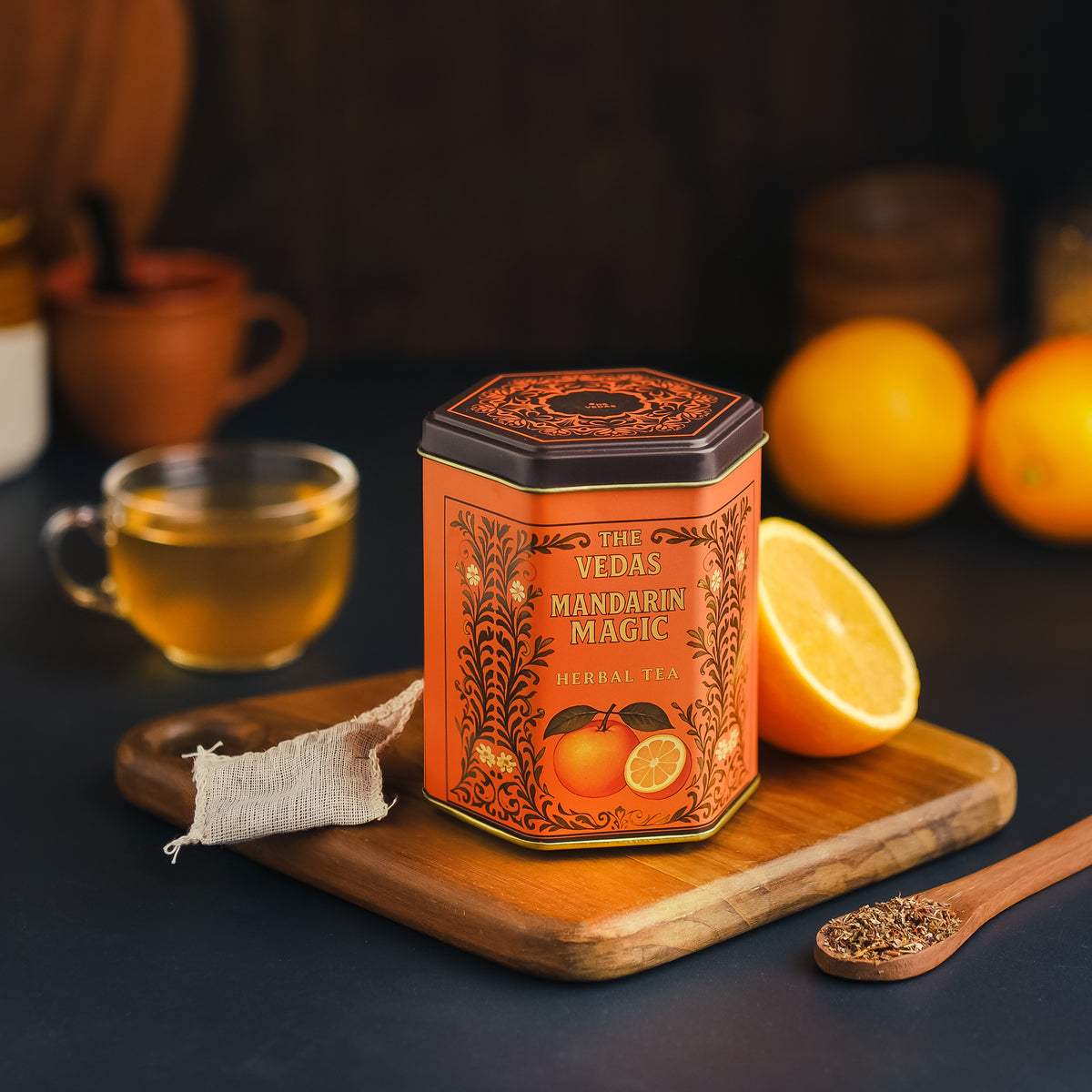 The Vedas Mandarin Magic Tea Tin,  20 Hand stitched cotton teabags
